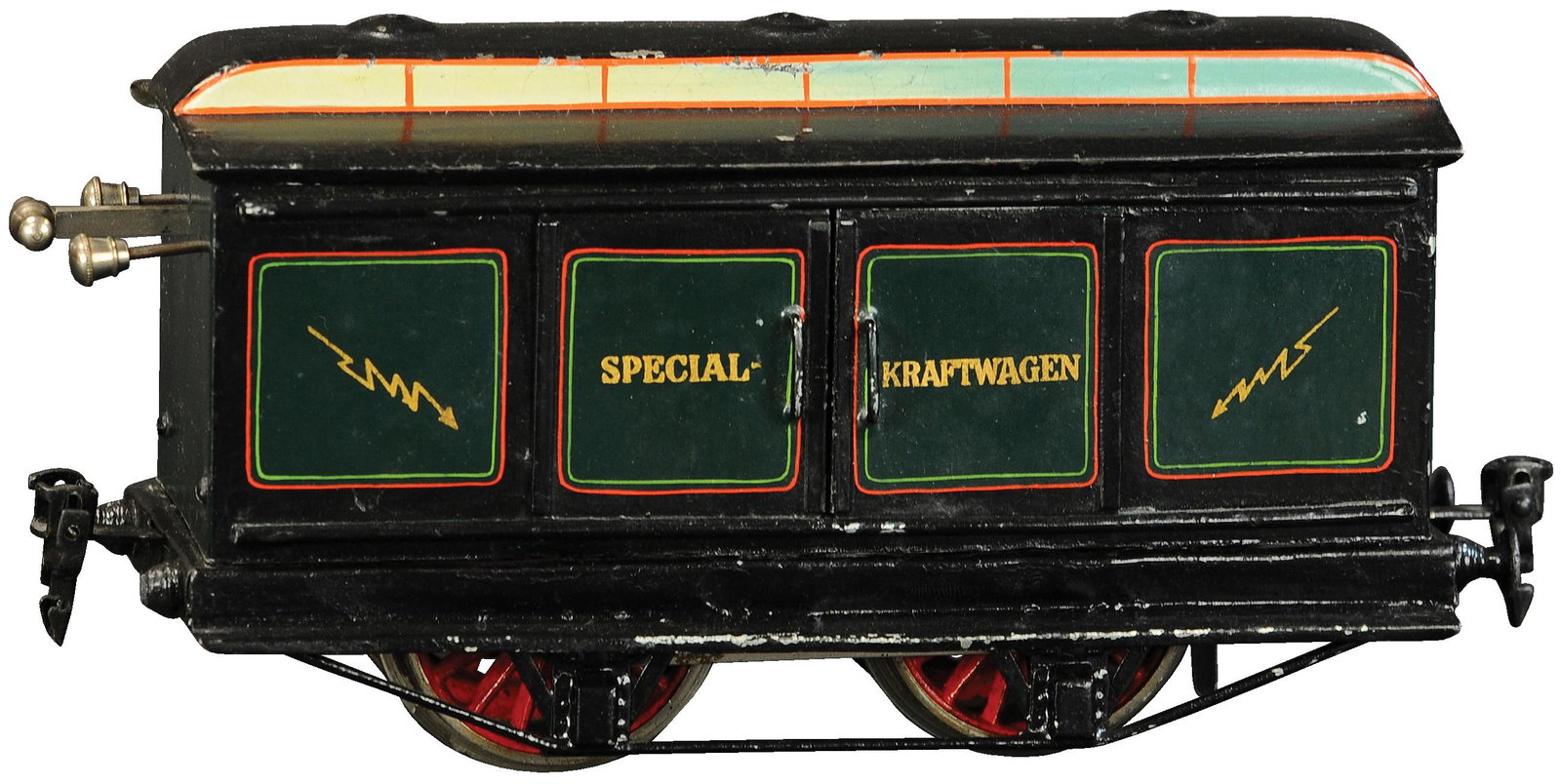 MARKLIN POWER CAR SPECIAL KRAFTWAGEN: 148. MARKLIN POWER CAR SPECIAL KRAFTWAGEN | Gauge 1, clockwork, hand painted. | 8.5" l. | Black at frame repainted, overall (Excellent Condition) | $1,000 - $1,500