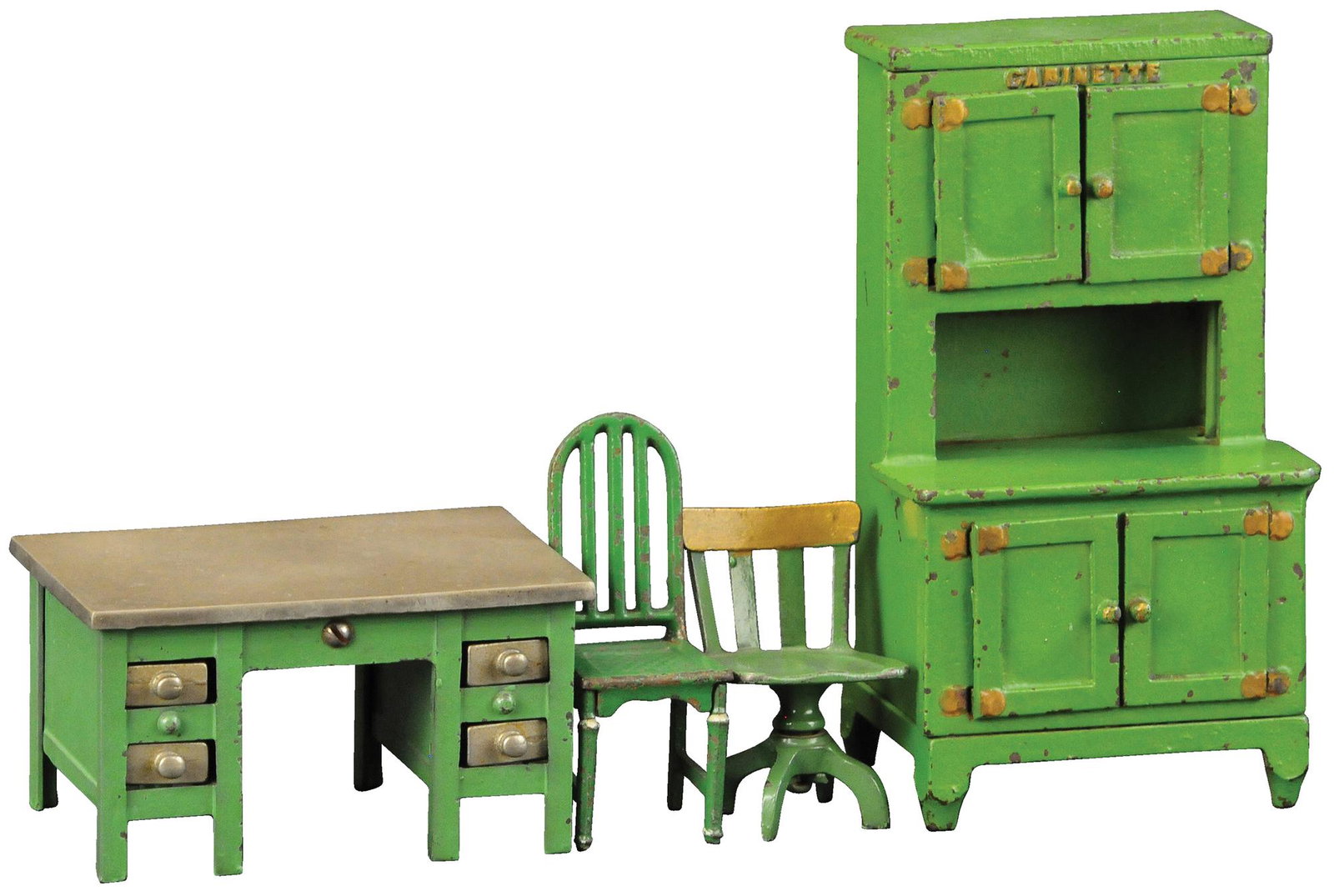 ARCADE KITCHEN CABINET & DESK W/ SWIVEL CHAIR: 855. ARCADE KITCHEN CABINET & DESK W/ SWIVEL CHAIR | 8" h. | Some overpaint to outside of kitchen cabinet, otherwise (Excellent Condition) | $300 - $500