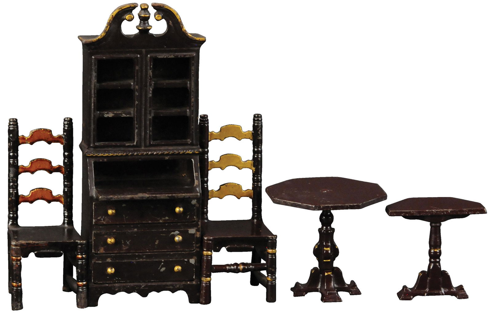 ARCADE DINING ROOM PIECES: 857. ARCADE DINING ROOM PIECES | 8" h. | Half of one chair and both tables are repainted, others in (Excellent Condition) | $200 - $400