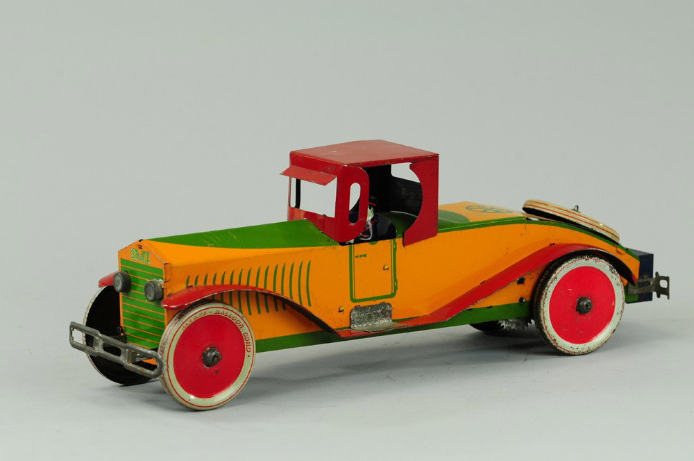 MARX "STUTZ": Impressive scale, lithographed tin Stutz coupe, done in bright yellow and red, blue simulated luggage rack, nickel radiator ornament and lights, grille reads "STUTZ." 16" l.