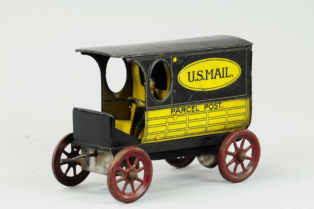 A.C. GILBERT U.S. MAIL VAN: c. 1930's, lithographed tin, yellow van truck with black roof, simulated panel van body, seated driver, spring barrel mechanism, red spoke wheels. 8" l.