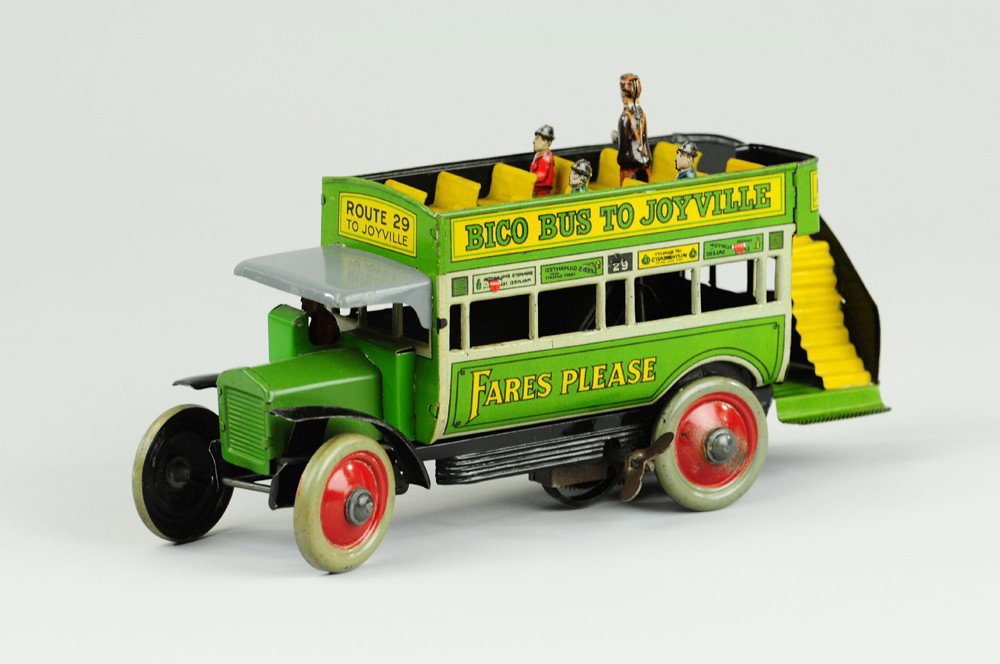 DISTLER "BICO BUS TO JOYVILLE": Germany, c. 1920's, well detailed double decker bus with seated passengers and ticket collector on upper deck, done in green body, seated driver, clockwork activates traveling, collector and movement.