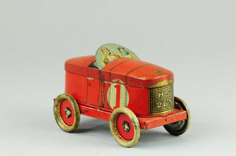RACE CAR BISCUIT TIN: A.G. De Andreis, maker unknown, this came in several colors, each very rare, done in bright red tin lithography with interesting high mount windshield containing graphic images of driver, body separat