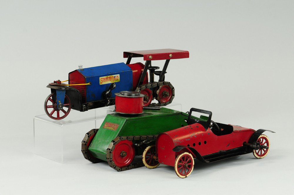 THREE STRUCTO TOYS: Pressed steel examples, includes: Road Roller in blue, green tank, and red sportster, each has strong key wind drive. 10"-12" l.