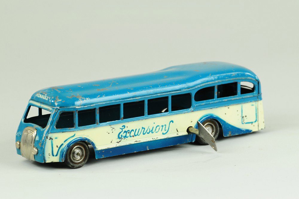 CIJ RENAULT EXCURSIONS BUS: Painted in blue tin, reads "Excursions" on side in script lettering, rear body has Renault wording, nickel tin grille, rubber tires, wind-up working. 9 1/4" l.