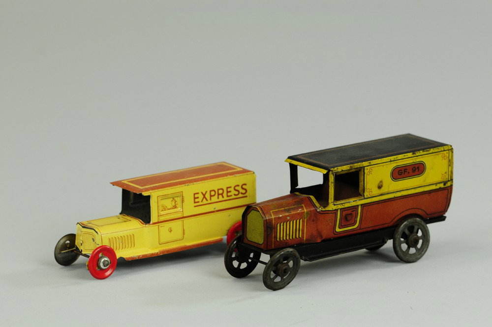 TWO FISCHER DELIVERY VAN PENNY TOYS: Germany, lithographed tin, features Express van and larger "GF 91" marked van, missing rear door. 4 1/4"-5" l.