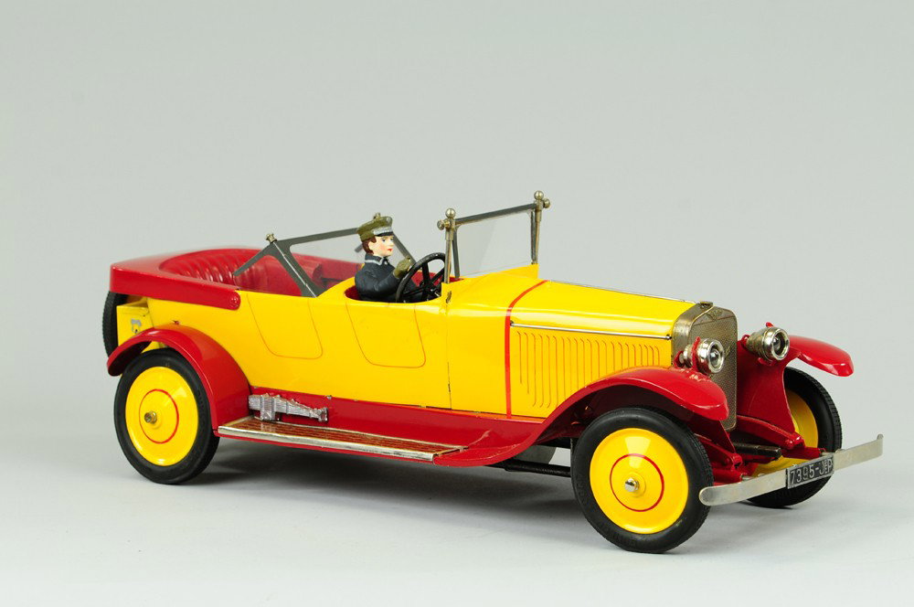 JEP HISPANO SUIZA: France, great styling, luxury auto done in tinplate, painted in yellow and red, professionally restored with dual windshields, clockwork mechanism, full appointments, radiator ornament, rubber tires, 