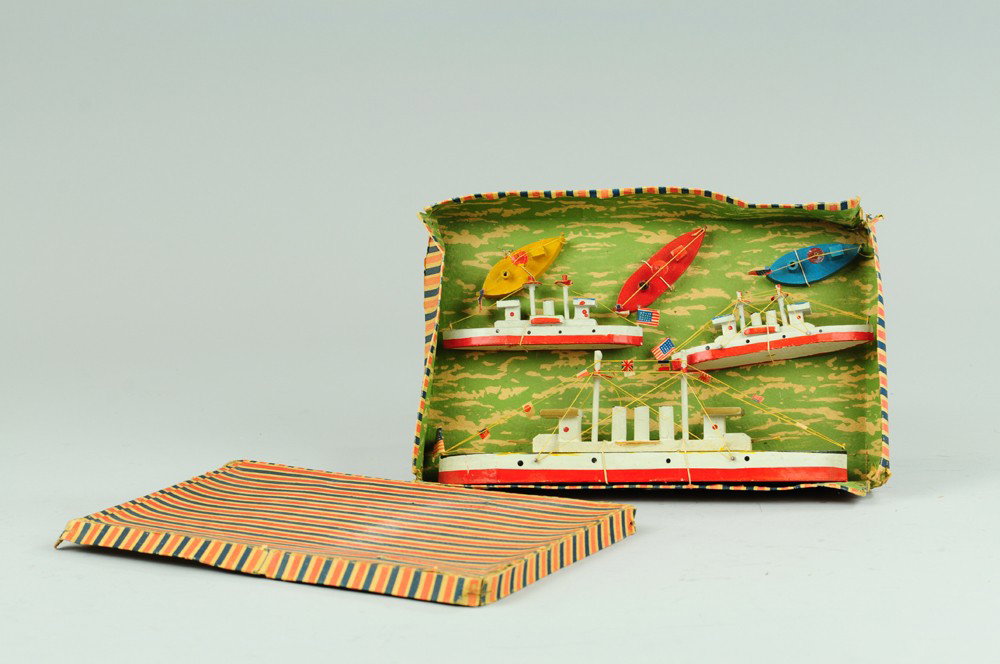 BOXED WOODEN SHIPS FLEET SET: Japan, includes large Battleship, two mid-size cruisers, and three small patrol boats, all hand painted, still strong box has some tears. 7" x 10 1/2".