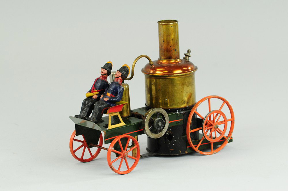 SCHOENNER STEAM FIRE PUMPER: C. 1895 fire pumper features a brass vertical boiler, red painted cast wheels, oscillating cylinder with driving force pump, an air chamber and safety valve on the boiler. 7 1/2 x 9 1/2"