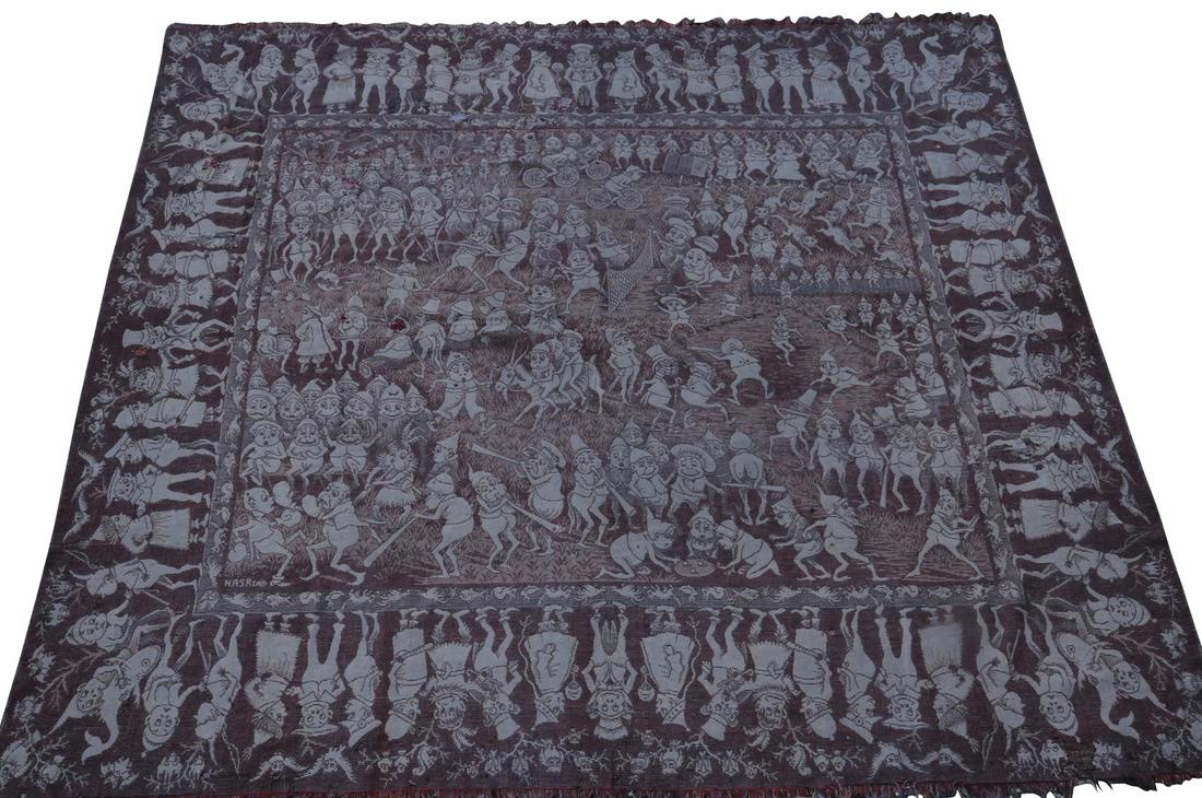 PALMER COX BROWNIES THEME COVERLET: 359. PALMER COX BROWNIES THEME COVERLET | Attractive stitch work depicts numerous Brownies figures in many settings all playing games together. The Schroeder Collection - Abbys Attic Finds | 8'2" wide