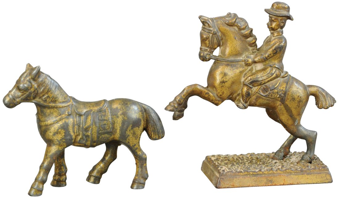 SADDLE HORSE & GENERAL SHERIDAN STILL BANKS: 415. SADDLE HORSE & GENERAL SHERIDAN STILL BANKS | Saddle horse made by Grey Iron, Sheridan made by Arcade. The Schroeder Collection - Abbys Attic Finds 6" h. Repair at rear ankles of Sheridans horse,