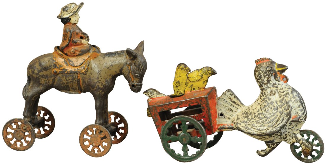 TWO US HARDWARE FLOOR TOYS: 442. TWO US HARDWARE FLOOR TOYS | Lot includes Hen pulling Chick House and Donkey with Rider. The Schroeder Collection - Abbys Attic Finds 8" l. Crack at peen of chickens body, overall (Very Good to E