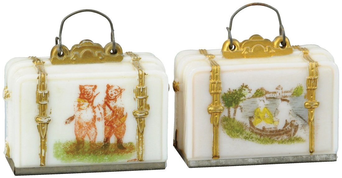TWO MILK GLASS SATCHEL CANDY CONTAINERS (1 of 2)
