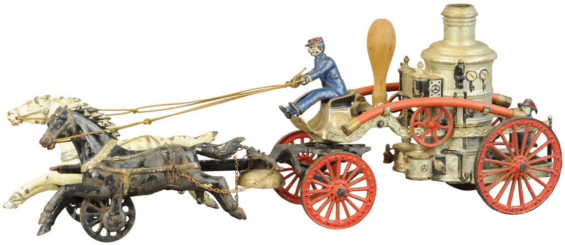 IDEAL MFG HORSE DRAWN FIRE PUMPER: 524. IDEAL MFG HORSE DRAWN FIRE PUMPER | The Schroeder Collection - Abbys Attic Finds 22" l. Red and front hitch are overpainted, crack to frame on left side is glued near boiler, wood air bag replace