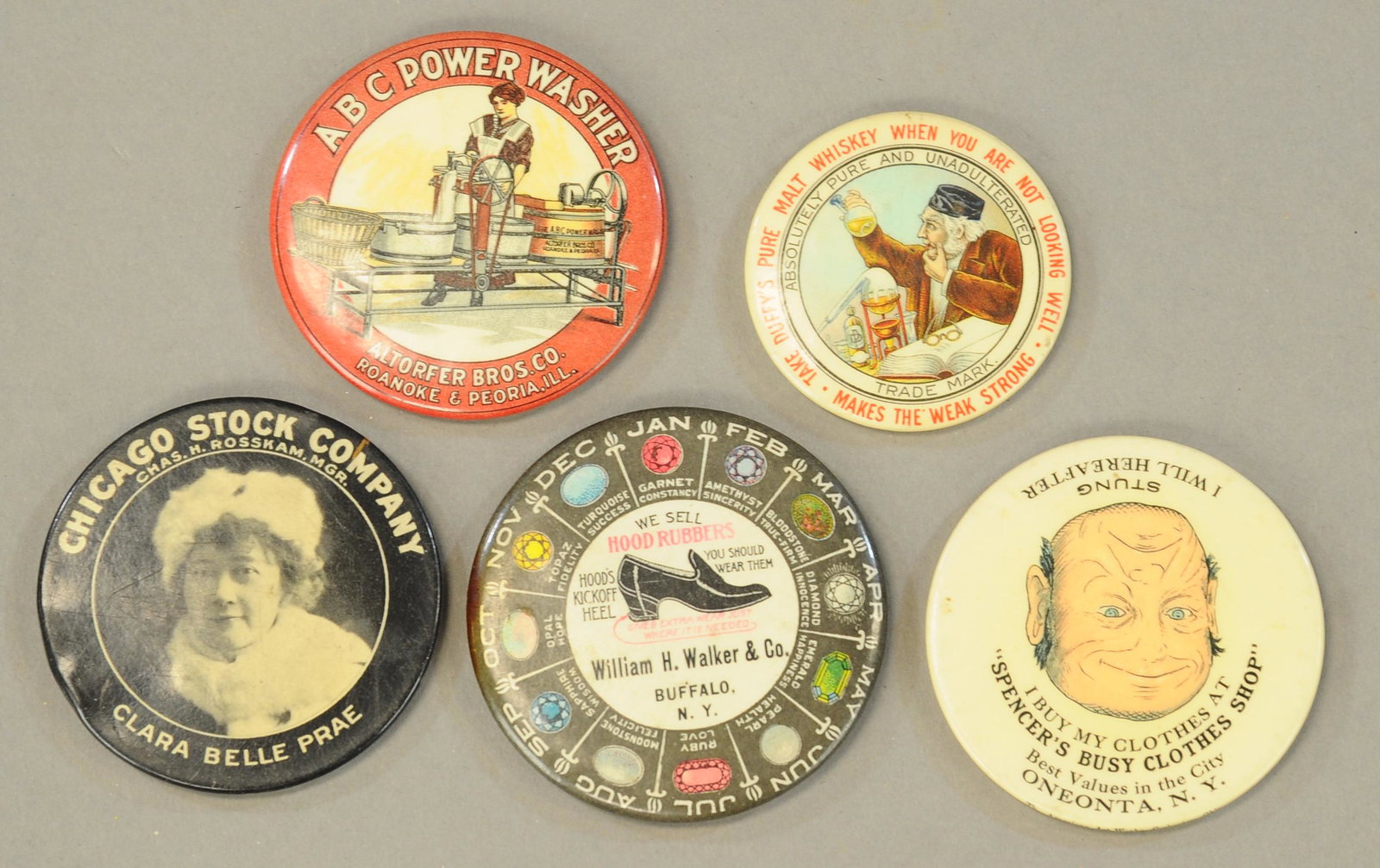 FIVE ADVERTISING POCKET MIRRORS: 1072. FIVE ADVERTISING POCKET MIRRORS | Circa 1910-1920. | 2" l. | (Very Good to Excellent Condition) | $75 - $150