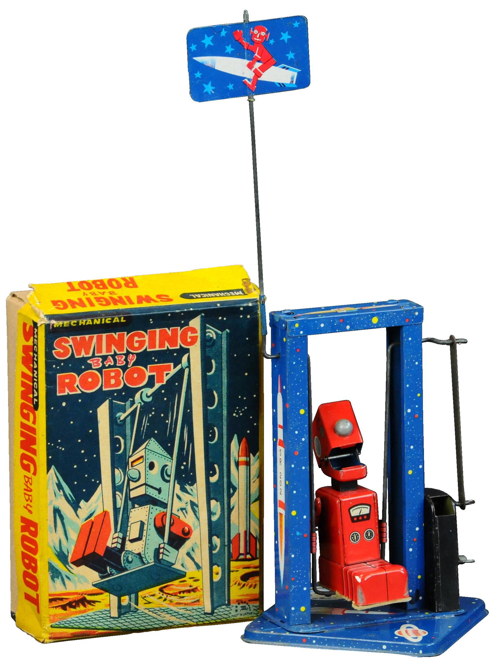 BOXED SWINGING BABY ROBOT: 50. BOXED SWINGING BABY ROBOT | From a private collection. | 6.5" h. | One staple tear, one seam tear, (Excellent Condition) | $300 - $500