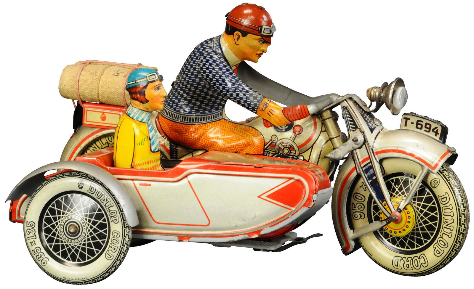 LARGE TIPPCO TOURING MOTORCYCLE W/ SIDECAR: 92. LARGE TIPPCO TOURING MOTORCYCLE W/ SIDECAR | Extremely rare and important German motorcycle, seldom seen with this lithography combination of man and woman on silver and red accented touring bike,