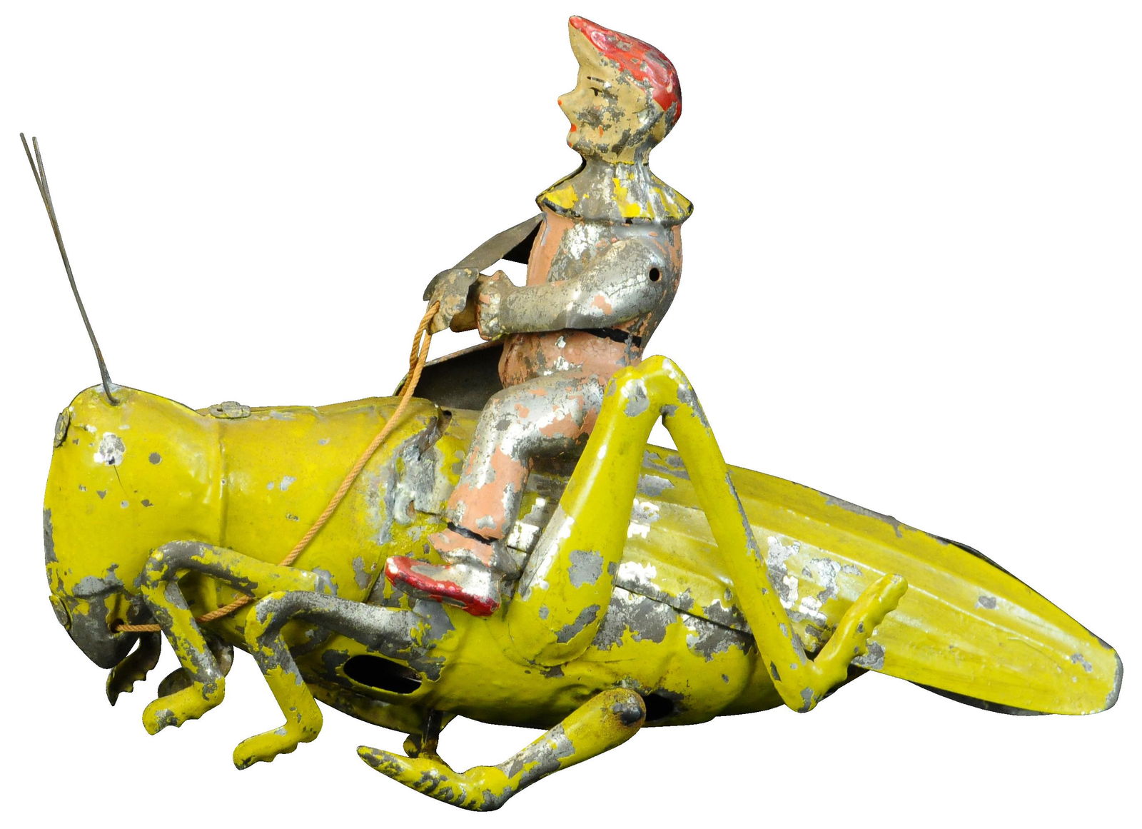 HANS EBERL CLOWN RIDING GRASSHOPPER: 112. HANS EBERL CLOWN RIDING GRASSHOPPER | A very hard toy to find complete and with original paint! | 7.5" l. | Working in all original (Excellent Condition) | $1,500 - $2,500