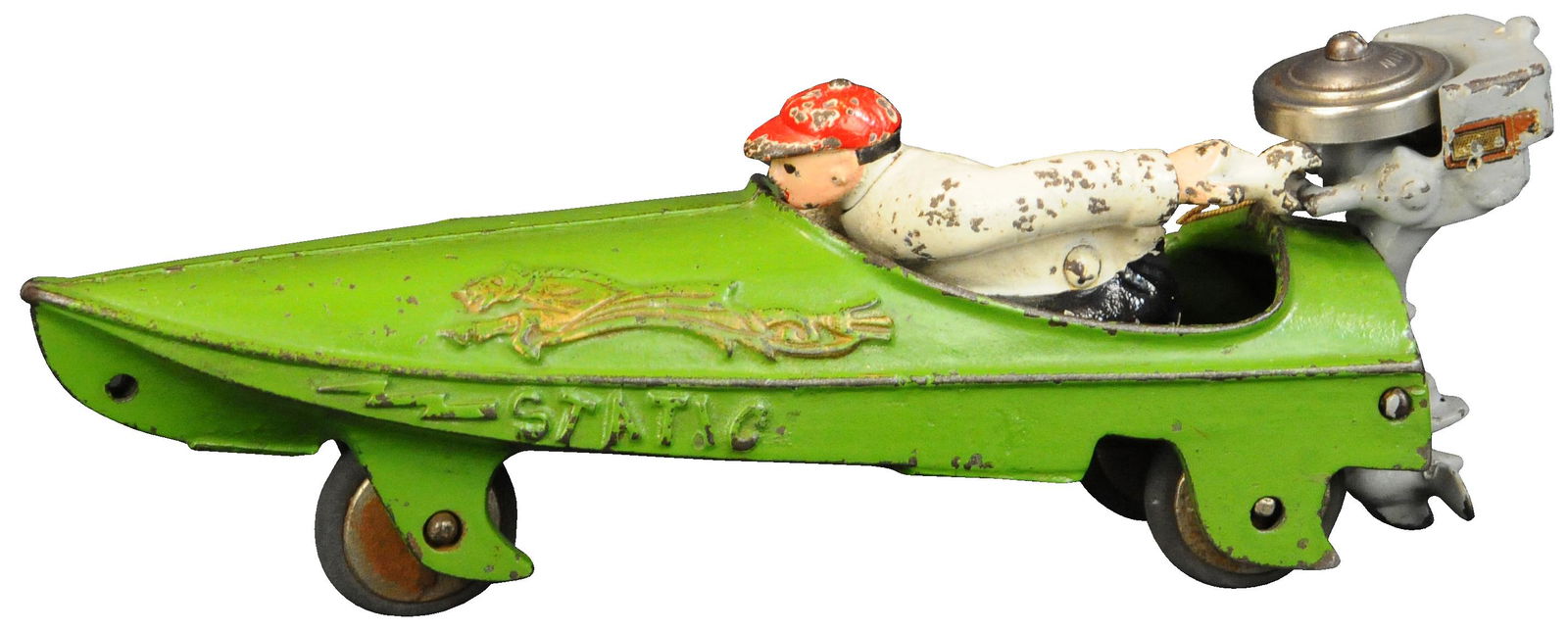 HUBLEY STATIC SPEED BOAT W/ DRIVER: 301. HUBLEY STATIC SPEED BOAT W/ DRIVER | Attractive example of a racing speedboat, green with embossed gold highlights, Hubley decal on rear of speedboat and Johnson Sea Horse "10" decal on top of mo