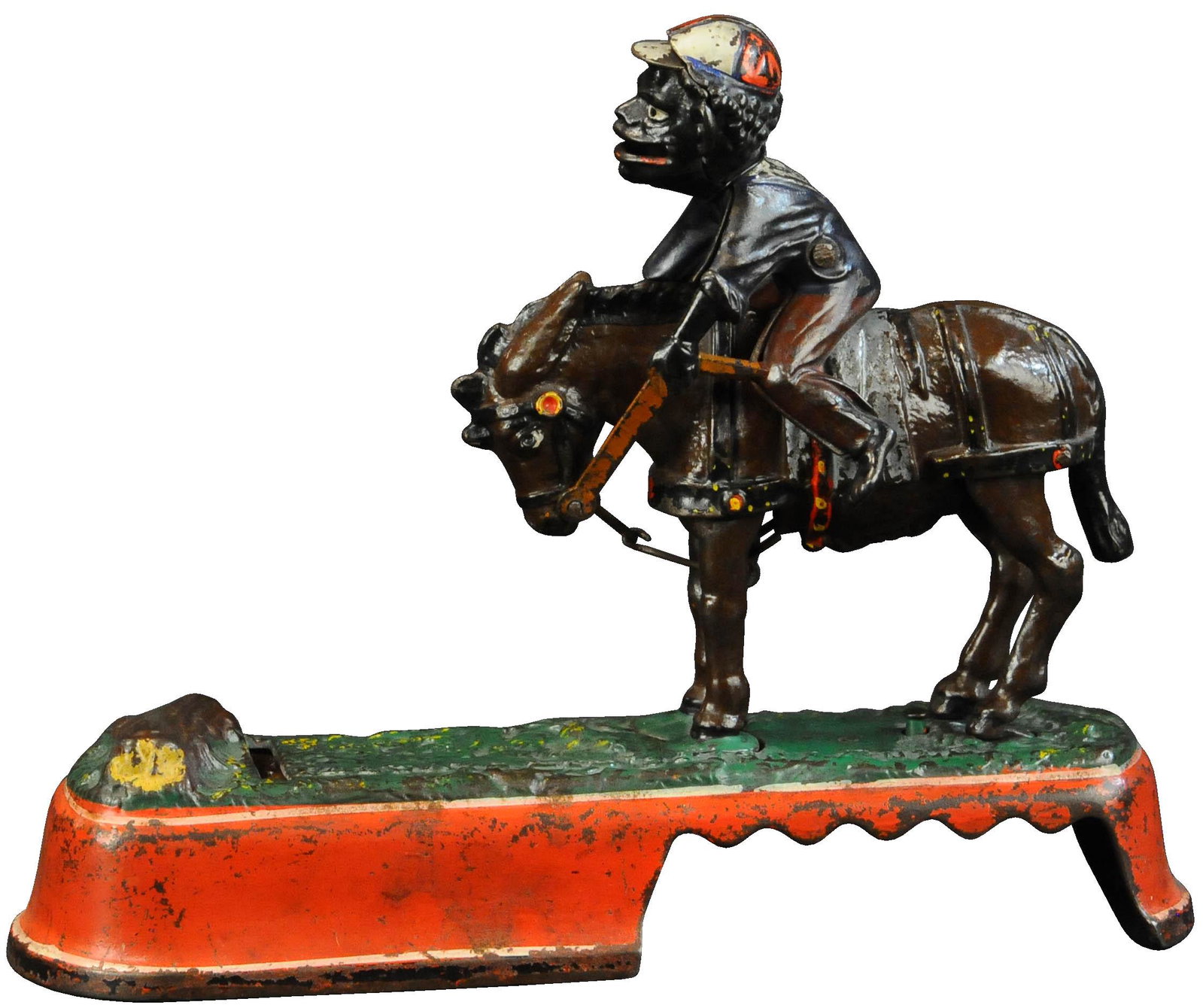 SPISE A MULE JOCKEY OVER MECHANICAL BANK: 363. SPISE A MULE JOCKEY OVER MECHANICAL BANK | J & E Stevens Co. Provenance: Jack White Bank Collection. | 10" l. | (Very Good to Excellent Condition) | $500 - $750