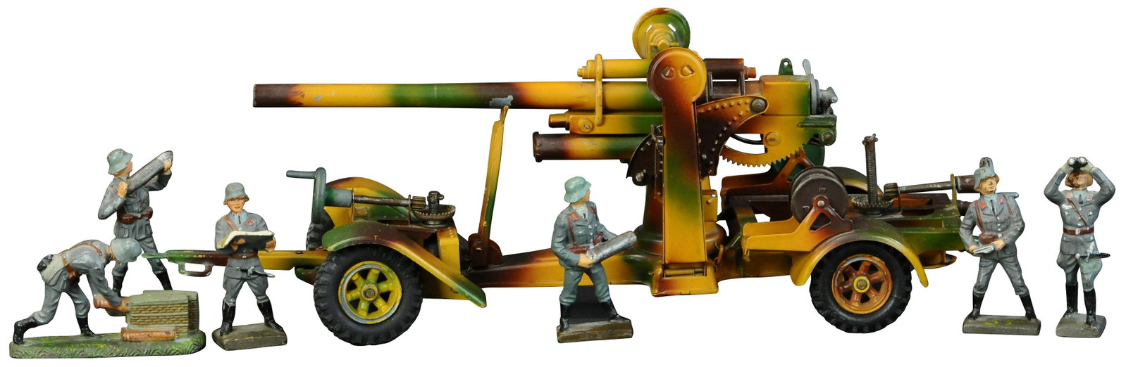 LINEOL 88MM AA GUN W/ LUFTWAFFE CREW: 1381. LINEOL 88MM AA GUN W/ LUFTWAFFE CREW | Gun with mobile trailers, 6 artillery crew. | 15" l. | Gun (Very Good Condition), crew (Very Good to Excellent Condition) | $200 - $400