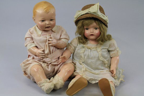 LOT OF TWO LARGE AMERICAN COMPOSITION DOLLS: Consists of an "Arranbee Bubbles" should head on cloth torso with composition arms and legs and "Madame Hendren Dolly Record" wearing all original organdy clothing and has one cylinder playing "London