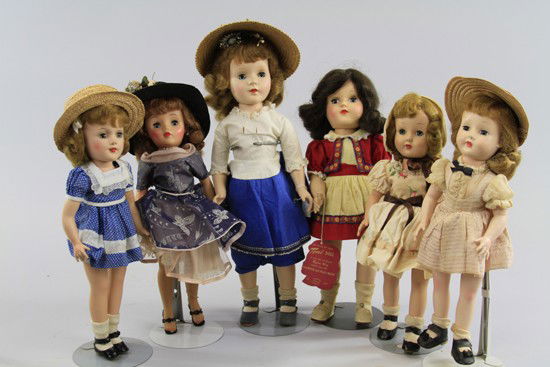 LOT OF SIX MID 20th CENTURY AMERICAN DOLLS: Largest is "Sweet Sue" with original dress and shoes, an Effanbee "Honey Walker" with original clothes, Ideal "Miss Revlon" with original clothes and auburn hair, Ideal "Toni" doll original with tag a