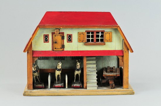 GOTTSCHALK STABLE WITH BOARDING ROOM: Germany, red roof example, ornate four stall stable features stairs leading to upper boarding room, rear of house has opening hatch for storage, all wood construction, includes three horses on platfor