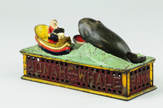 JONAH & WHALE MECHANICAL BANK: Shepard Hardware Co., designed by Peter Adams, patented 7/15/1890. Place a coin on Jonah's head and press the lever; the man tosses Jonah forward as if to throw him overboard and the whale opens his m