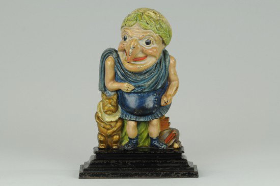 PUNCH DOORSTOP: English, two piece casting, great depiction of Punch with Toby the dog seated at his side. Book Example. 12 1/4" h x 8".