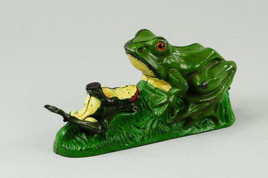 TWO FROG MECHANICAL BANK: J & E Stevens Co., designed by James H. Brown, patented 8/8/1882. Place the coin on the young frog. Press the lever, and the old frog will open its mouth, catch and swallow the coin which the young fr