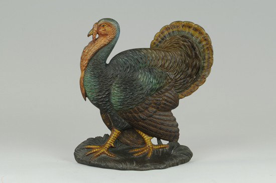 B&H TURKEY DOORSTOP: One of the larger Bradley & Hubbard cast iron doorstop examples known, finely molded wild turkey with great detail to plumage, hand painted overall, feathers are in exacting scale. 11 1/2" w. x 12 1/2