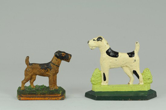 TERRIER DOORSTOP AND BOOKEND LOT: Fox Terrier with bushes signed doorstop reads, "My Pal Connecticut Foundry. Copyright 1929." Beautiful Terrier on deco style stepped base. Together with Terrier in grass bookend, "292" engraved on bac