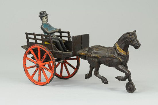 IVES CART: Cast iron, slat side cart has opening rear door for dog or storage, yellow seat, red spoke wheels, solo horse, seated driver. 10" l.