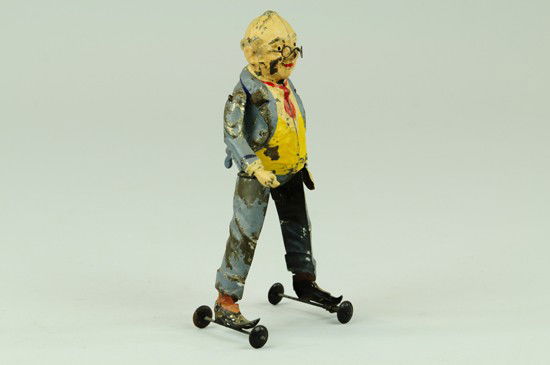 FOXY GRANDPA FIGURE: Germany, c. 1910, Foxy Grandpa scissor action legs, hand painted tin wind up toy, working, original paint. 8" h.