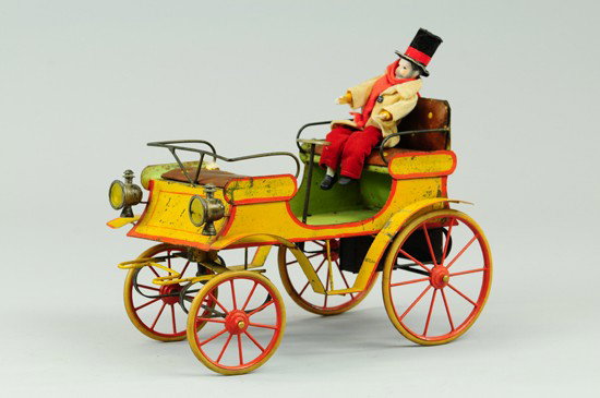 VIS-À-VIS: French, painted in yellow body, green flooring, upholstered seating, clockwork driven, full wire arm and back rails, rubber tires over spoke wheels, very early example. 11 1/4" l.