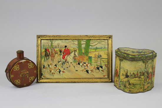 THREE HUNTLEY & PALMERS BISCUIT TINS: Lithographed Tinplate, comprising "Huntsman", c. 1903, 'framed' hunting scene of equestrians riding to the hounds, the sides whimsically decorated with rabbits and foxes. Together with a shaped "Hunti