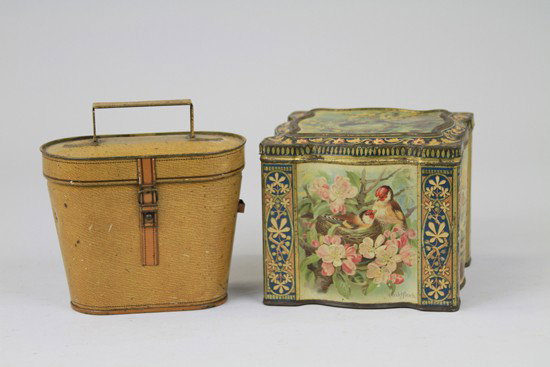 KEEN'S "BIRDS" MUSTARD TIN AND BINOCULAR CASE: c. 1890, tinplate, richly lithographed with images of bird's and their nests, together with Huntley & Palmers "Field Glass Case", c. 1909 in the form of a pig skin binocular case. Both 5 ½" h.