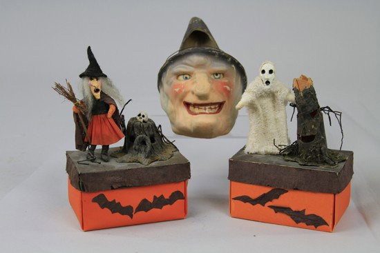 TWO VINTAGE HALLOWEEN SURPRISE BOXES & WITCH HEA: Two wonderful home made Halloween decoration surprise boxes, one with witch and skull on stump, a ghost with mean face tree stump and a great looking contemporary with lantern. Boxes - 8" h, Witch - 7