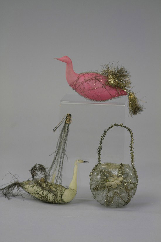 THREE WIRE WRAP CHRISTMAS TREE ORNAMENTS: Germany, group of three blown glass wire wrap ornaments including pink swan with tinsel tail, swan boat and flower basket. 5 1/2".