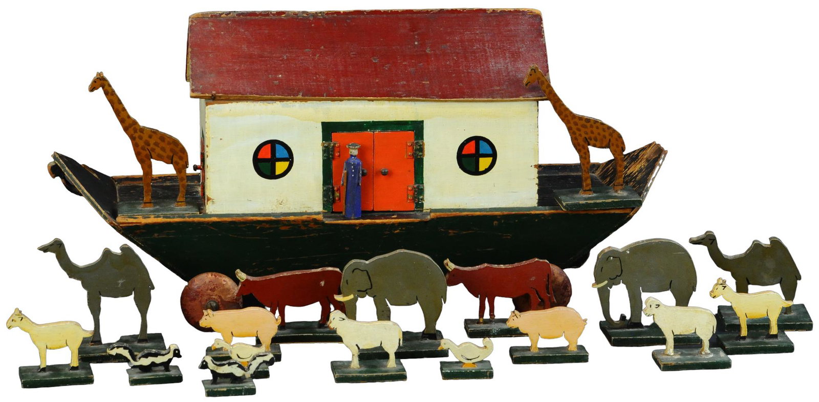 PAINTED WOOD ARK ON WHEELS WITH ANIMALS: 190. PAINTED WOOD ARK ON WHEELS WITH ANIMALS | 18 animals on platforms and one figure. | Ark 20" l., animals 1" - 4.5" h. | One piece broken off on tip of boat, (Very Good Condition) | $200 - $400