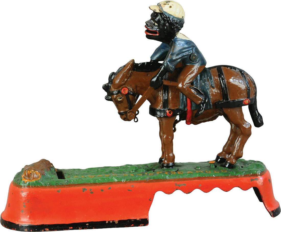 SPISE A MULE MECHANICAL BANK - JOCKEY: 342. SPISE A MULE MECHANICAL BANK - JOCKEY | J&E Stevens Co. | 10" l. | Repainted with replaced trap. | $300 - $600