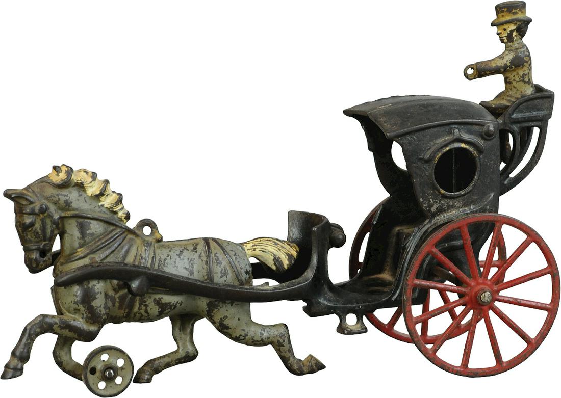 ARCADE HANSOM CAB: 442. ARCADE HANSOM CAB | 10.5" l. | Wheels are repainted, retains the correct original figure, (Very Good Condition) | $300 - $600