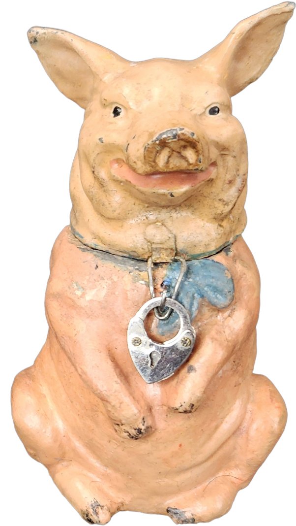 SEATED PIG SPELTER STILL BANK (1 of 5)