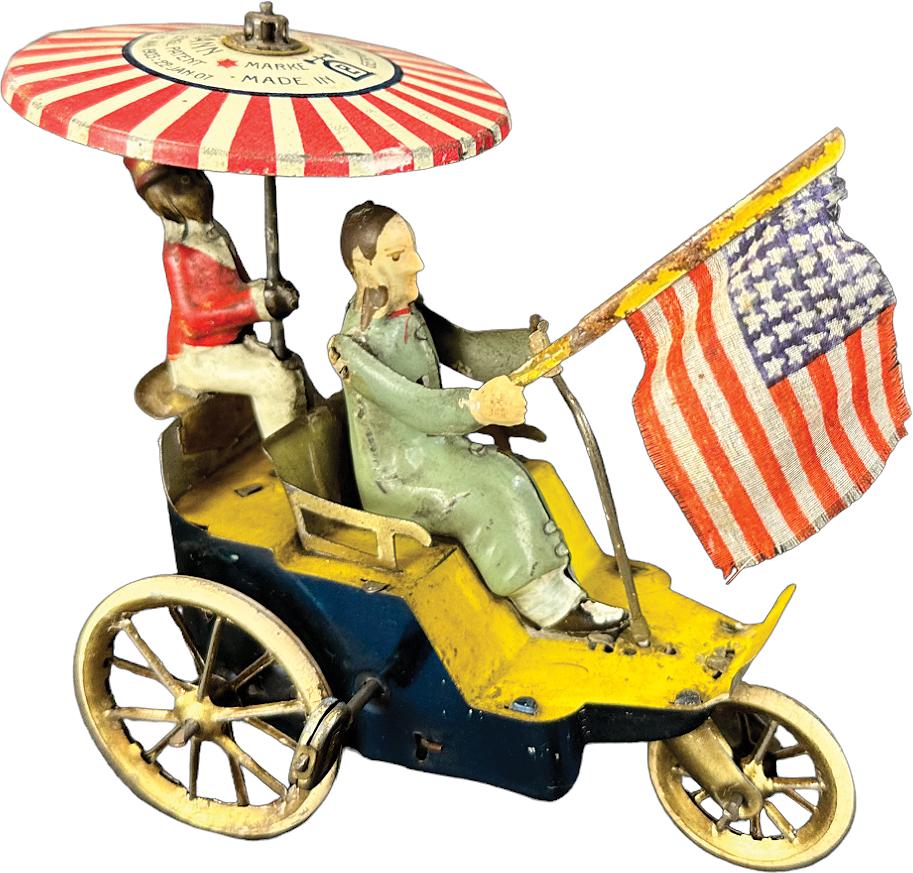 LEHMANN NEW CENTURY CYCLE: 21. LEHMANN NEW CENTURY CYCLE | Germany. Wind-up causes toy to roll forward as flag bearer lifts and lowers his arm | 5" h. | Flag appears original though has been reattached at hand, (Excellent Condi