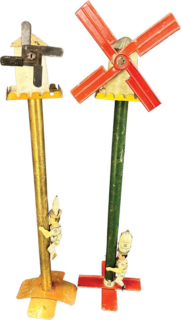 TWO LEHMANN GUSTAV THE MILNER TOYS: 28. TWO LEHMANN GUSTAV THE MILNER TOYS | Germany | 17" h. | One flour sack/weight is a replacement and one windmill blade is added, otherwise in (Very Good Condition) | $100 - $200