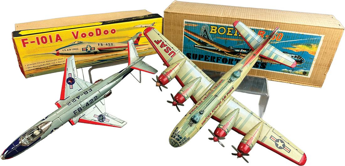 BOXED KO JAPAN JET W/ YONEZAWA AIR FORCE PLANE: 45. BOXED KO JAPAN JET W/ YONEZAWA AIR FORCE PLANE | Japan | 19" wingspan. | Three of four lights work on AA, otherwise (Excellent Condition) | $250 - $500