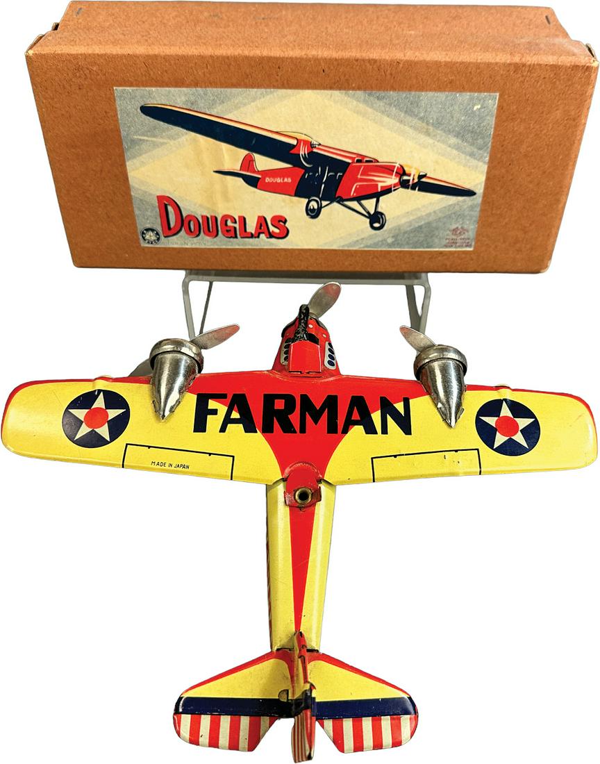 BOXED CK JAPANESE FARMAN AIRPLANE: 132. BOXED CK JAPANESE FARMAN AIRPLANE | Japan. Wind-up Pre-war. | 9" wingspan. | Needs flint, otherwise (Pristine Condition) | $400 - $800