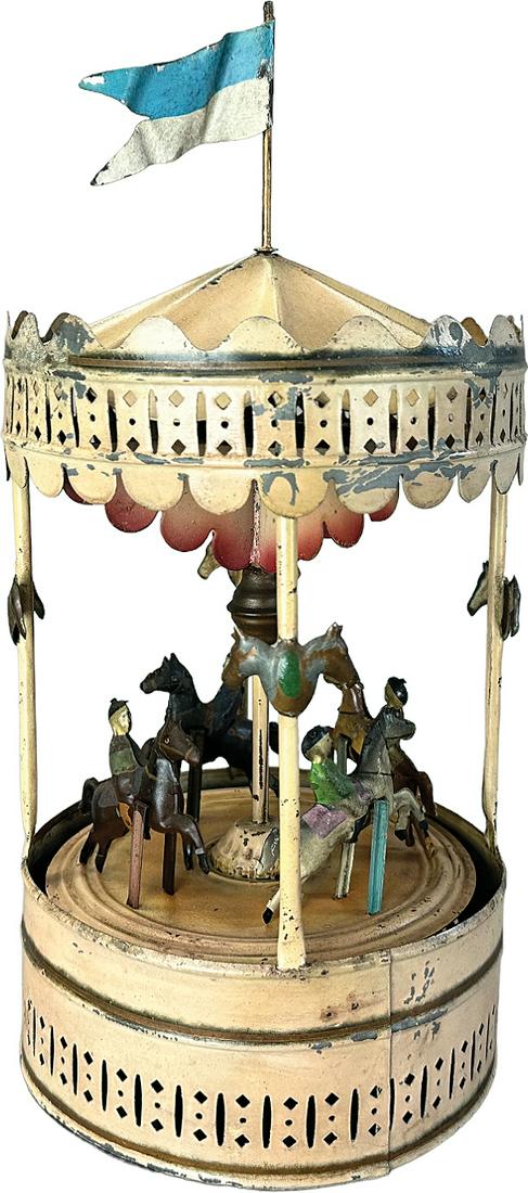 GERMAN TIN FOUR HORSE CAROUSEL WIND-UP: 161. GERMAN TIN FOUR HORSE CAROUSEL WIND-UP | Germany. Wind-up causes toy to revolve | 14.5" h. | Some repaint, (Very Good Condition) | $300 - $600