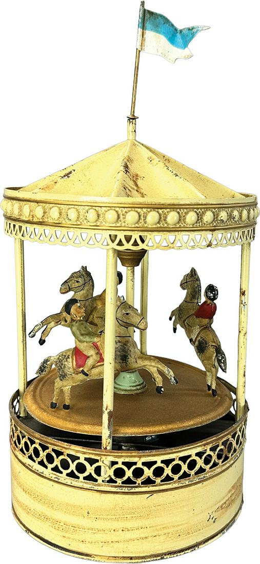 HAND PAINTED WIND-UP CAROUSEL: 162. HAND PAINTED WIND-UP CAROUSEL | Germany. Wind-up causes toy to revolve | 14" h. | Professionally Restored and aged. | $300 - $600